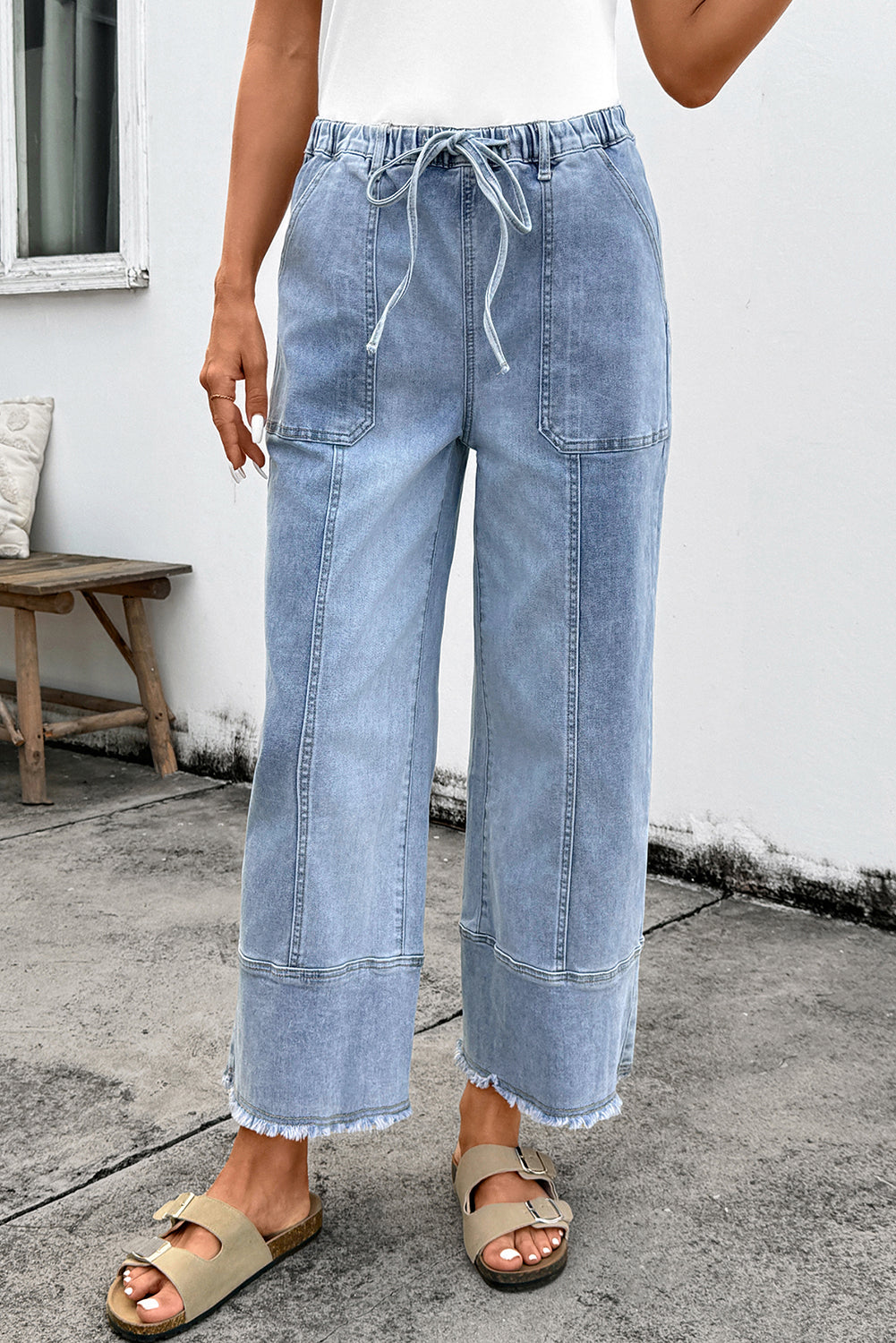Gray Drawstring Seam Detail Raw Hem Wide Leg Denim Pants