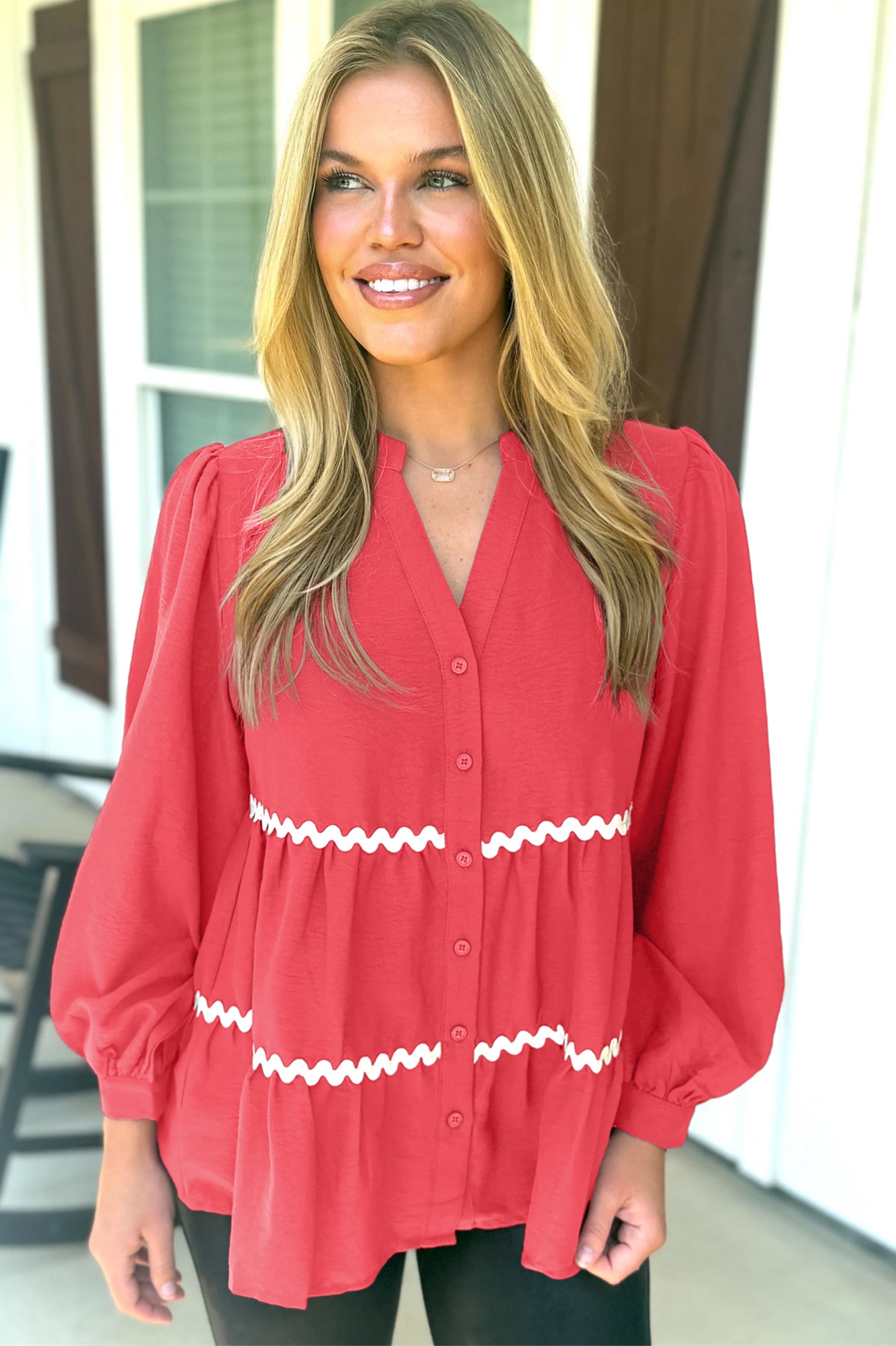 Coral Contrast Ricrac Trim V Neck Button Down Long Sleeve Shirt