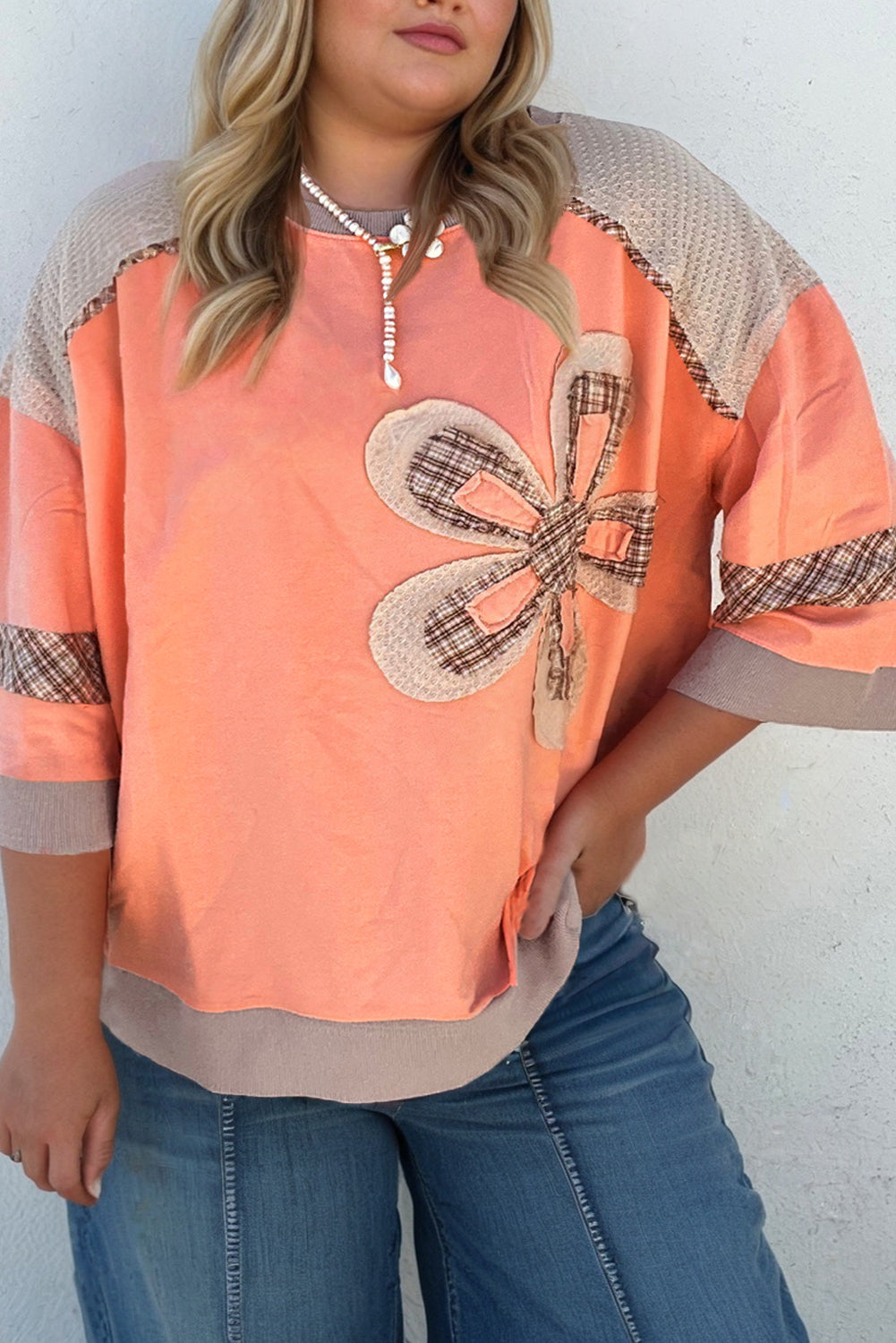 Grapefruit Orange Plaid Flower Waffle Patched Plus Size 3/4 Sleeve Top