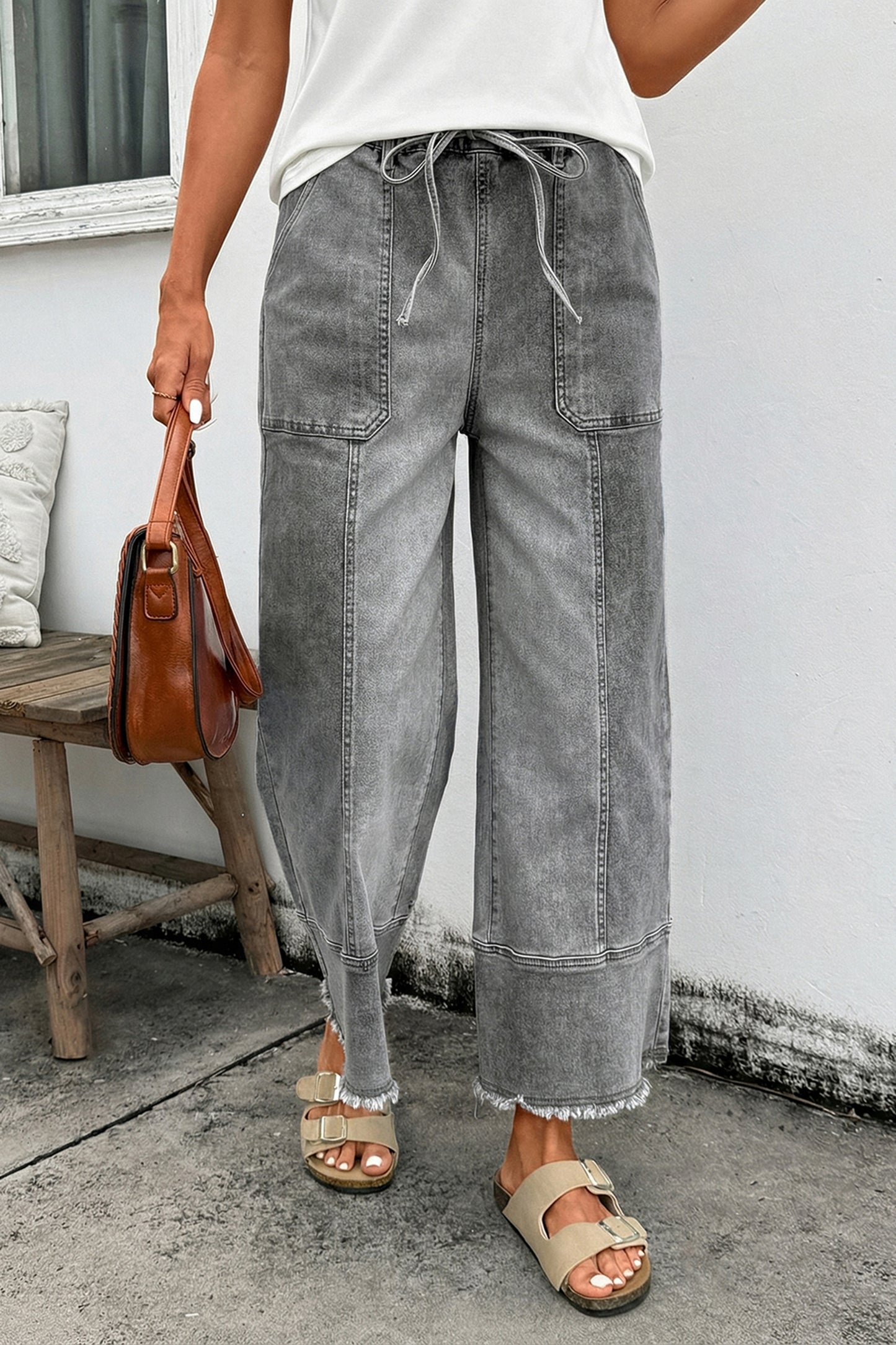 Gray Drawstring Seam Detail Raw Hem Wide Leg Denim Pants
