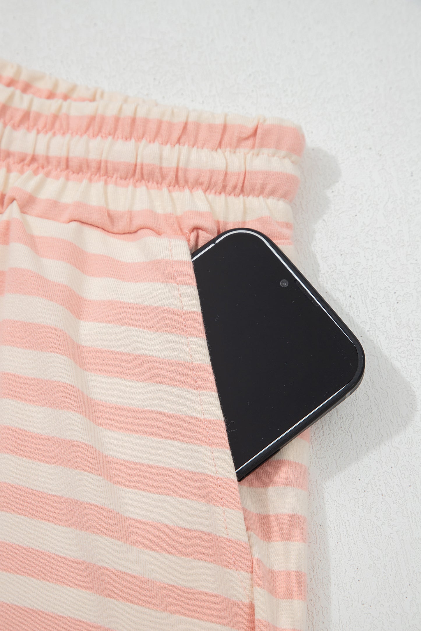 Pink Stripe Contrast Neck Loose Tee and Drawstring Shorts Set