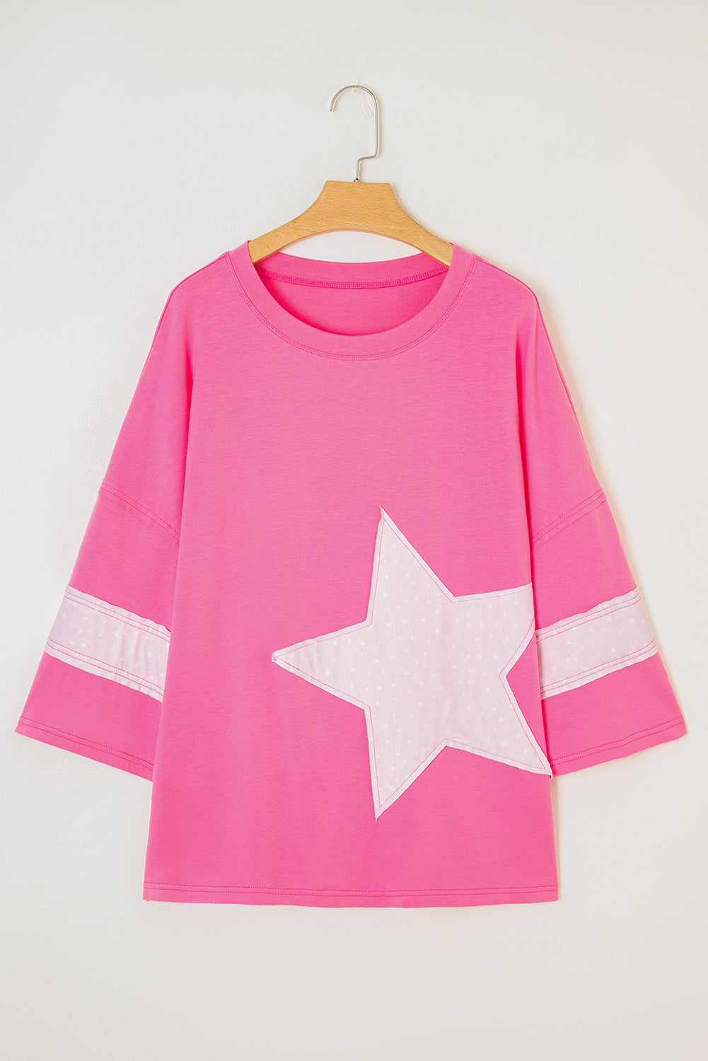 Pink Star Patched Colorblock Raw Edge Bracelet Sleeve Plus Size Loose Tee