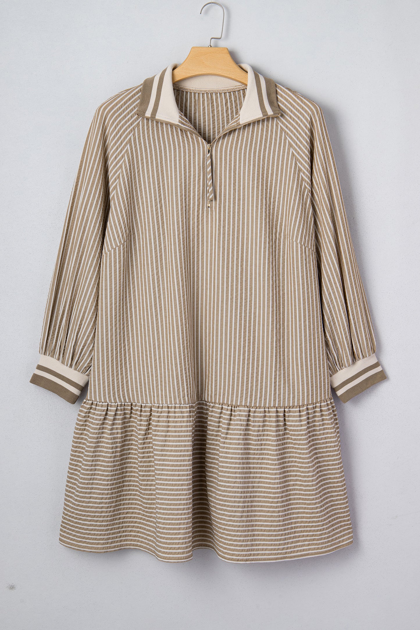 Khaki Stripe Zip up Collared Puff Sleeve Ruffled Plus Size Mini Dress