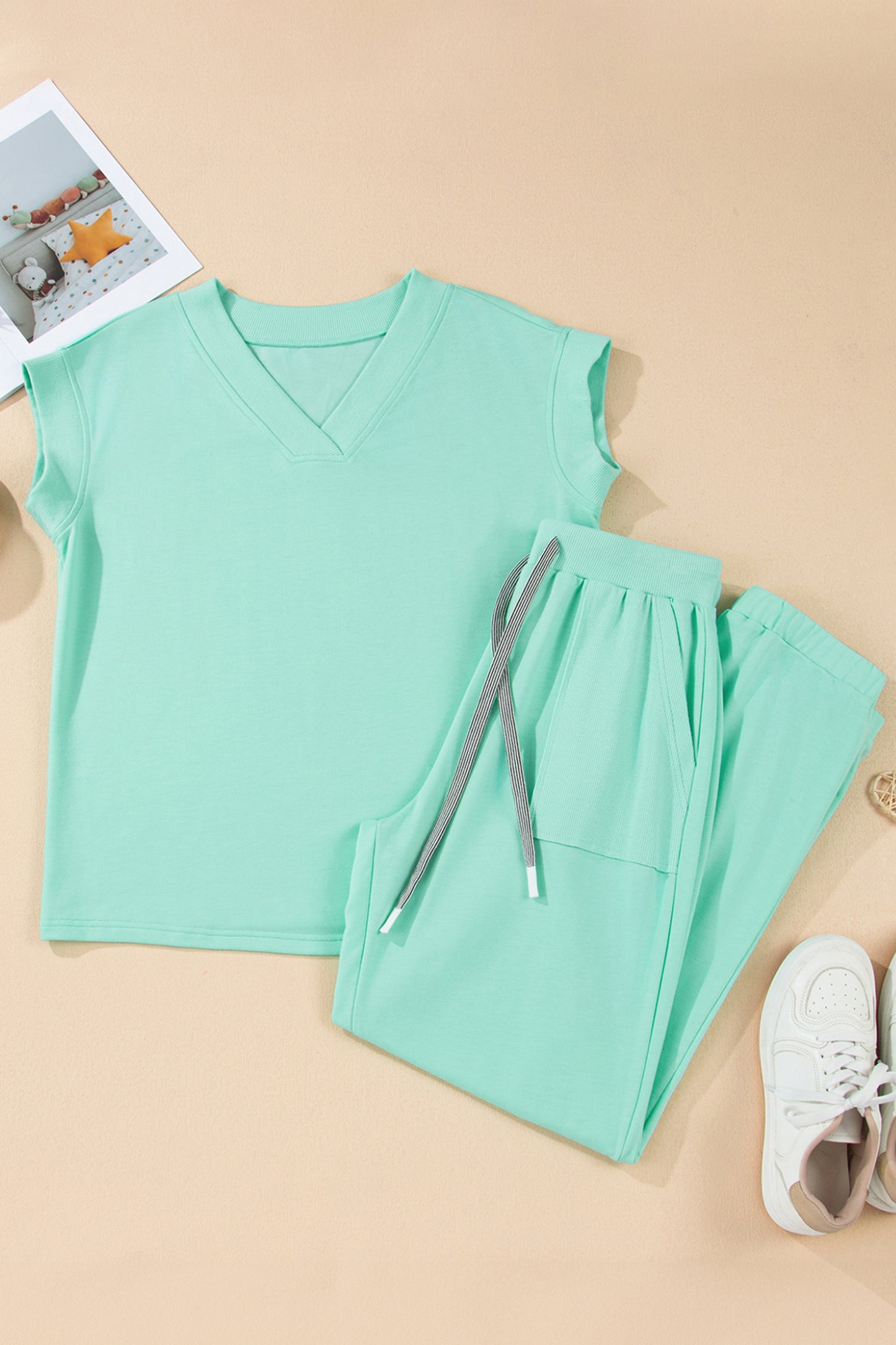 Mint Green Solid Color V Neck Tee Drawstring Pant Set