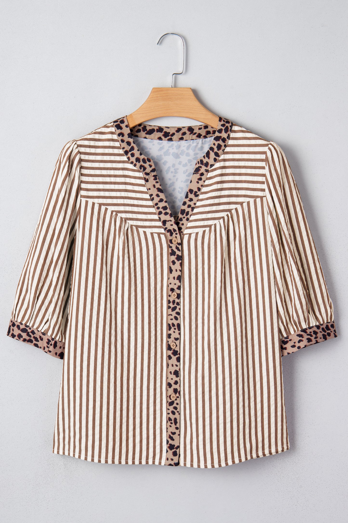 Brown Stripe Leopard Trim V Neck Button Down Half Sleeve Shirt
