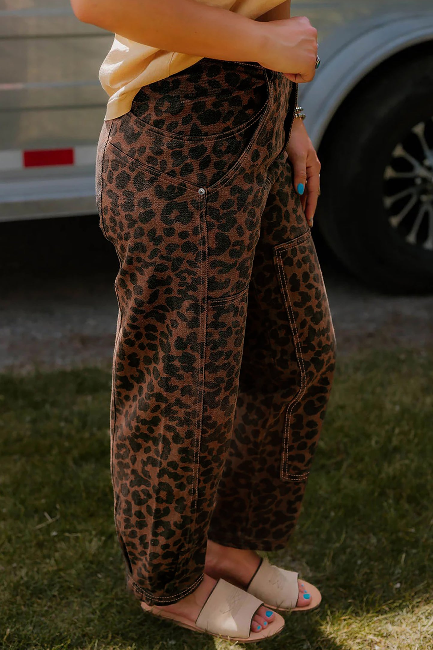 Brown Clear Seam Detail Patchwork Leopard Print Jeans