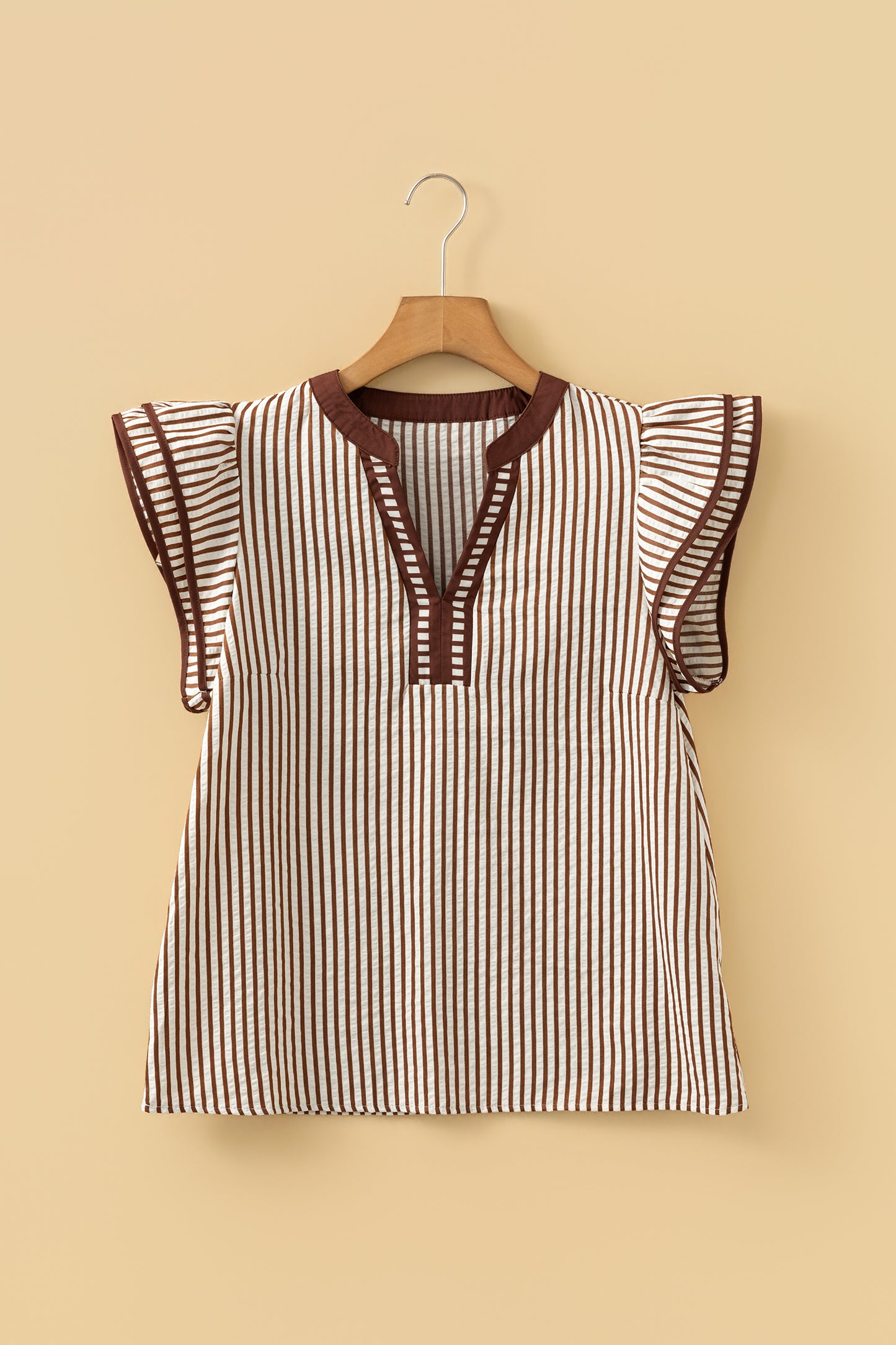 Khaki Stripe Double Ruffled Short Sleeve V Neck Blouse