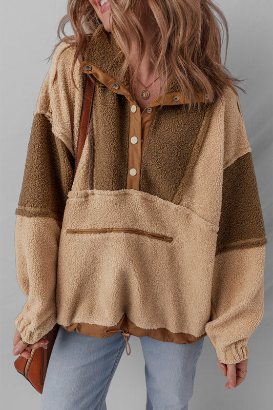 Straw Yellow 2-tone Color Block Patchwork Half Button Sherpa Sweatshirt