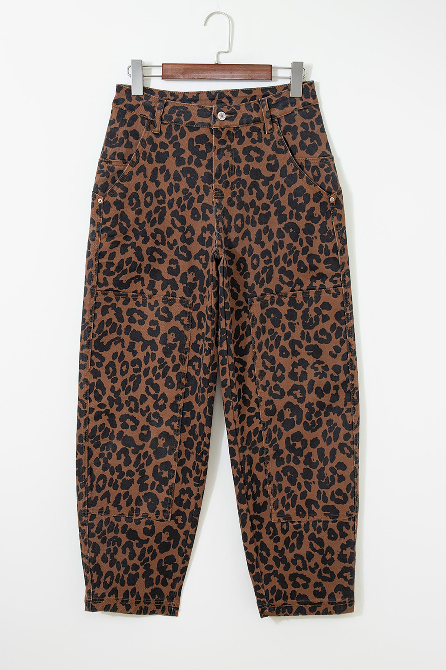 Brown Clear Seam Detail Patchwork Leopard Print Jeans