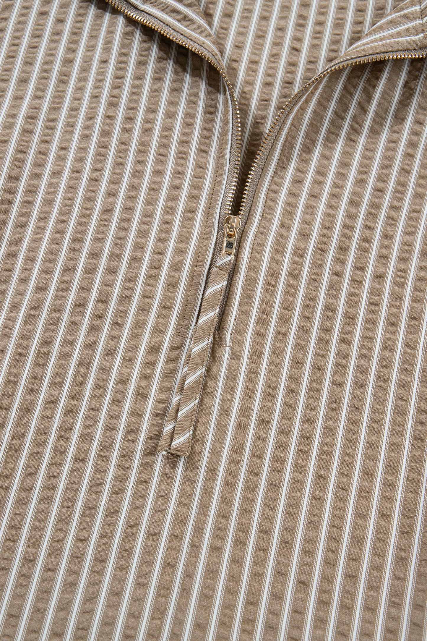 Khaki Stripe Zip up Collared Puff Sleeve Ruffled Plus Size Mini Dress