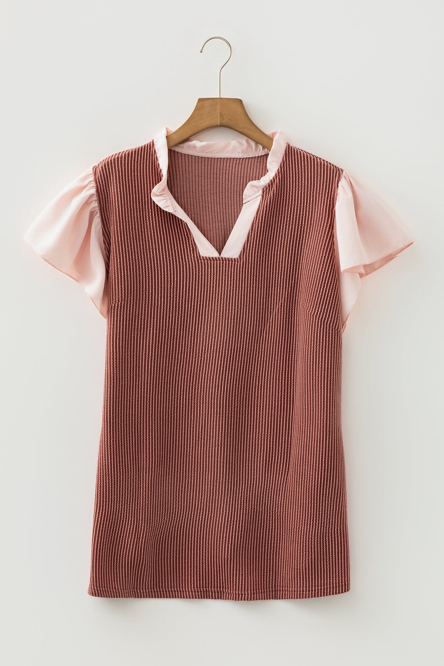 Black Plus Size Contrast Frilled Neckline Ruffled Short Sleeve Ribbed Textured Blouse