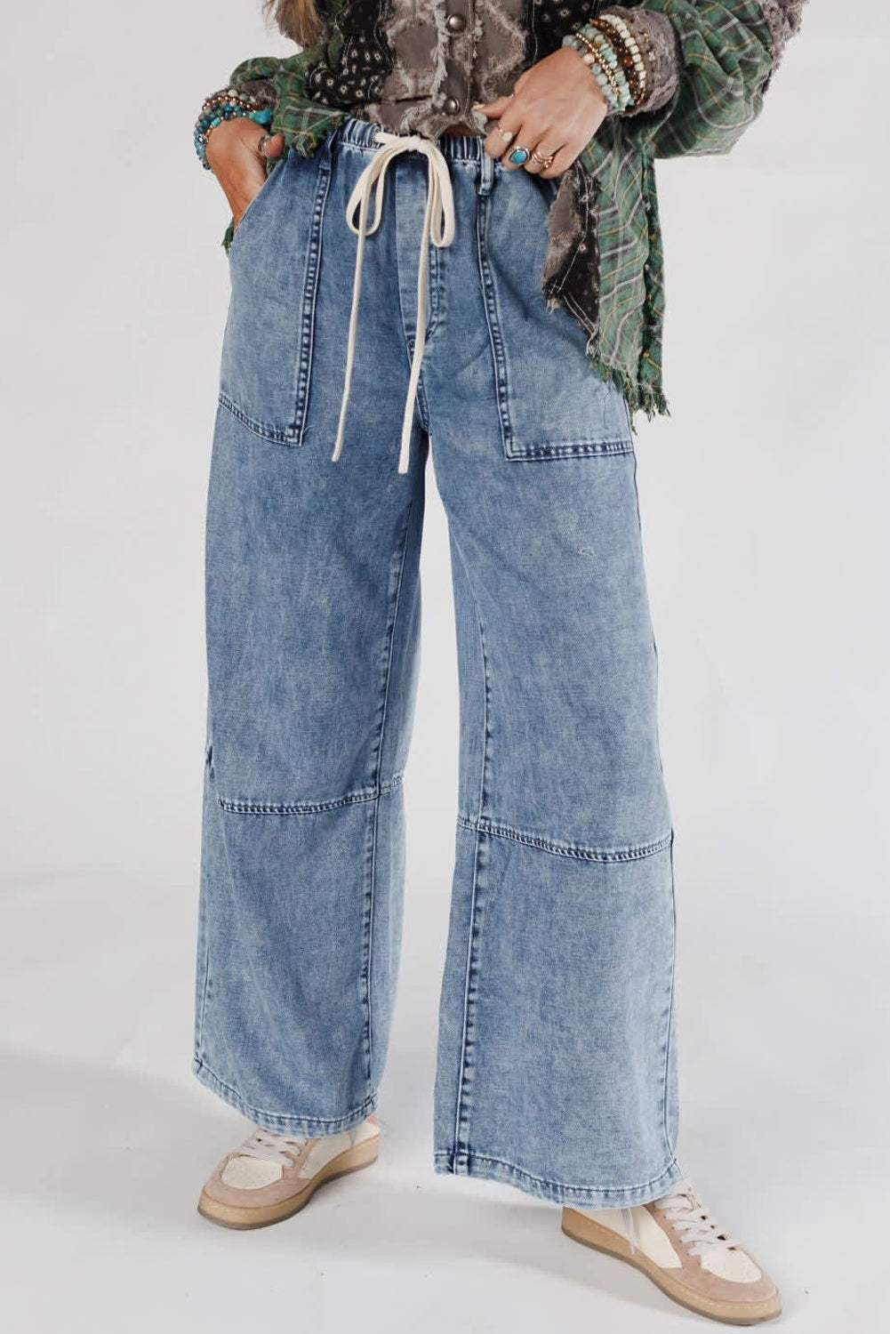 Ashleigh Blue Acid Wash Exposed Seam Drawstring Elastic Waistband Jeans