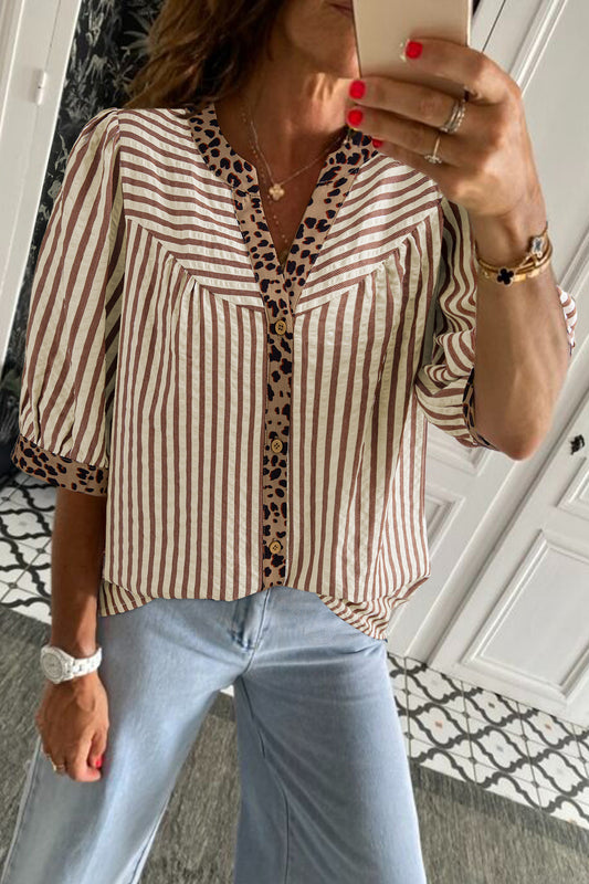Brown Stripe Leopard Trim V Neck Button Down Half Sleeve Shirt