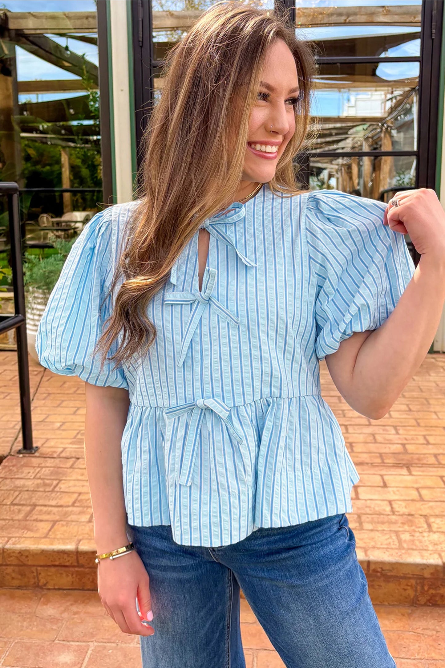 Sky Blue Stripe Bow Knot Textured Short Puff Sleeve Babydoll Blouse