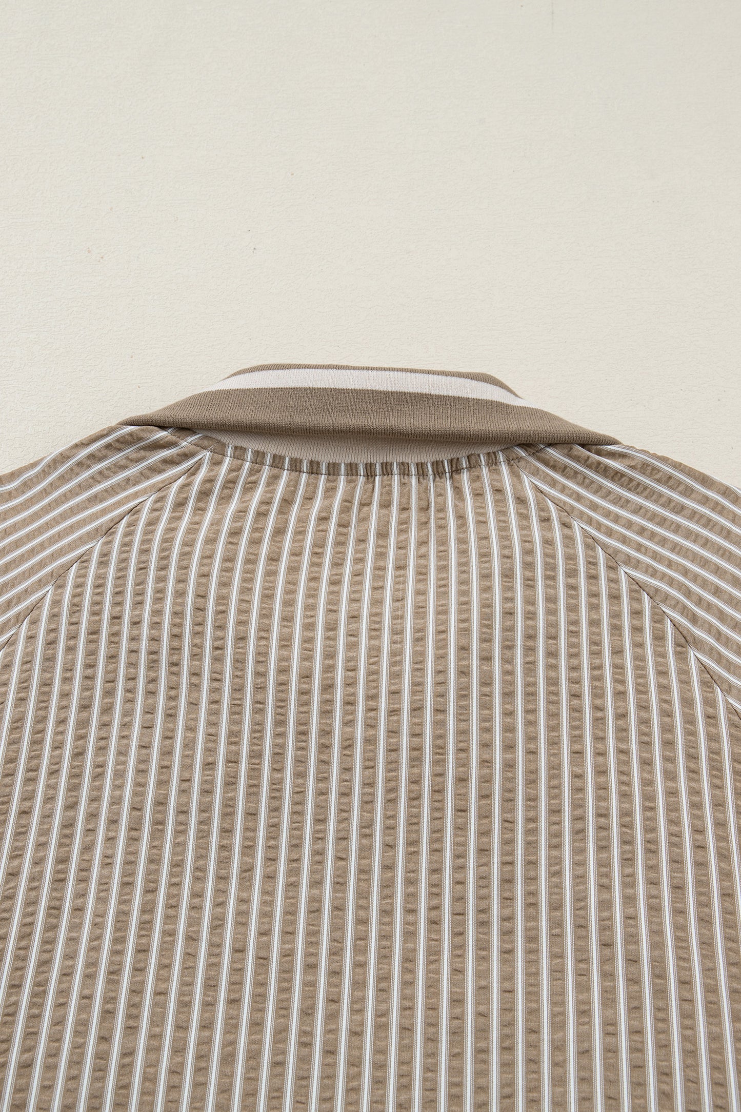 Khaki Stripe Zip up Collared Puff Sleeve Ruffled Plus Size Mini Dress