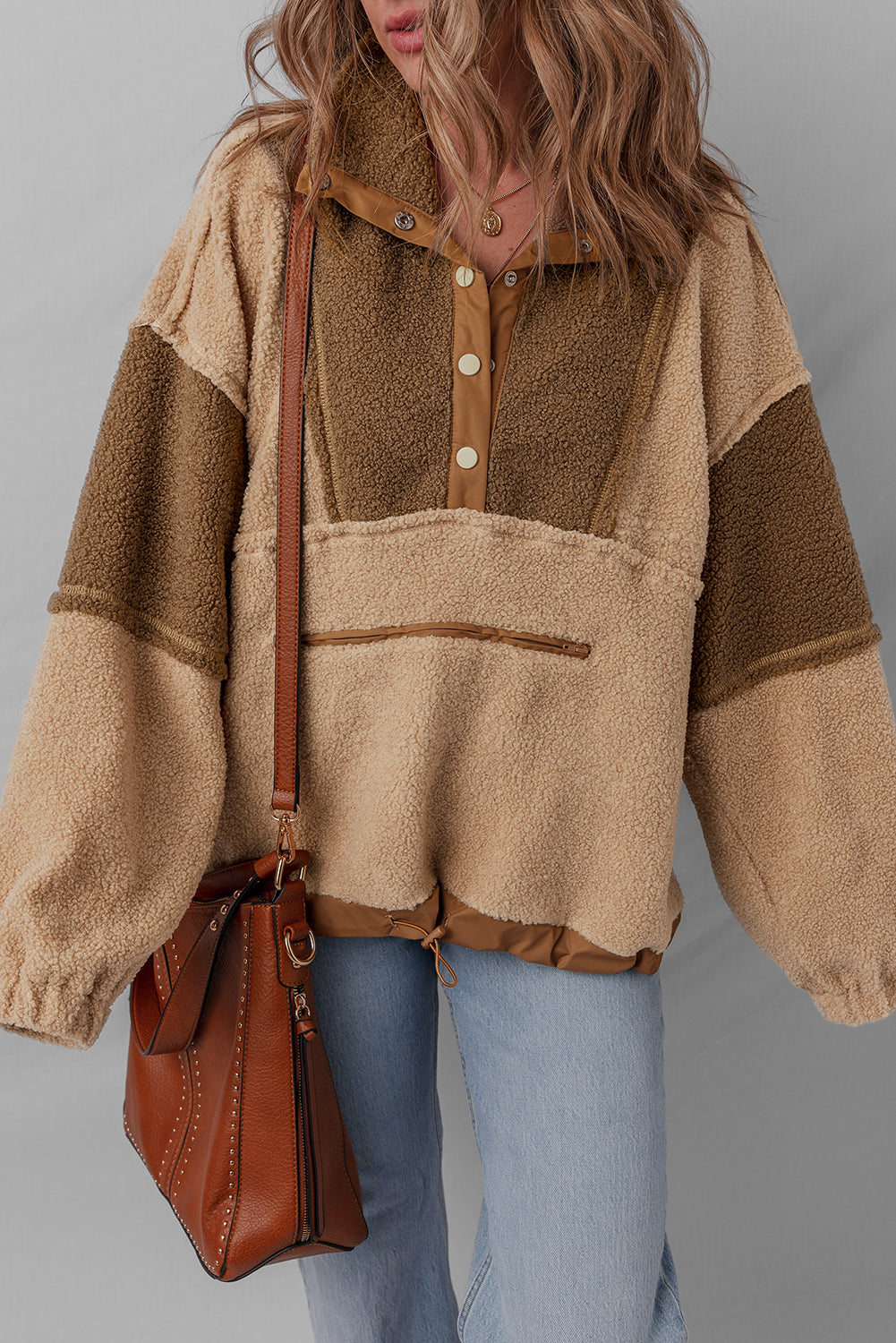 Straw Yellow 2-tone Color Block Patchwork Half Button Sherpa Sweatshirt