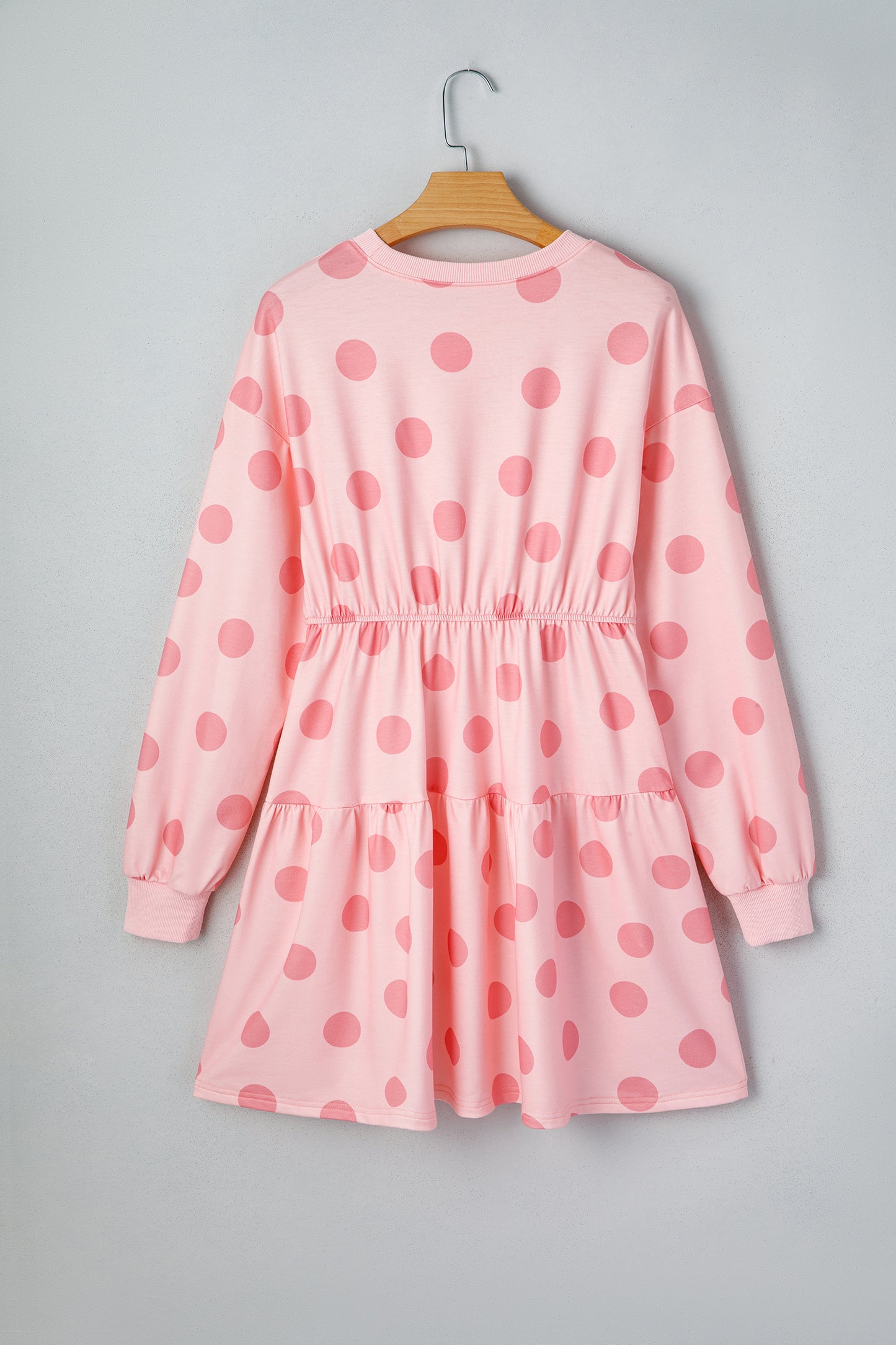 Pink Polka Dot Printed Long Sleeve Flared Mini Dress