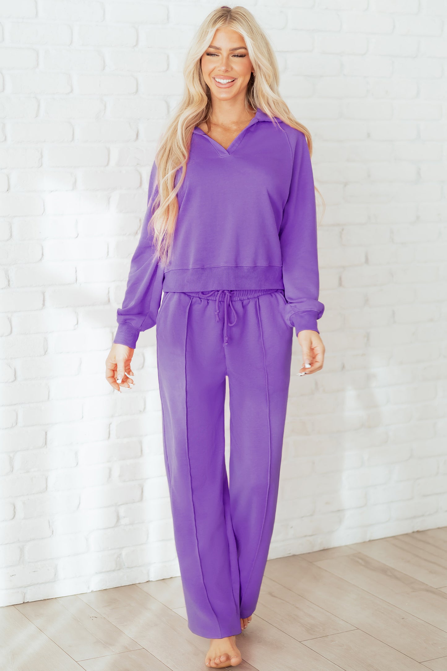 Wisteria Solid Color Collared Pullover and Central Seam Pants Set