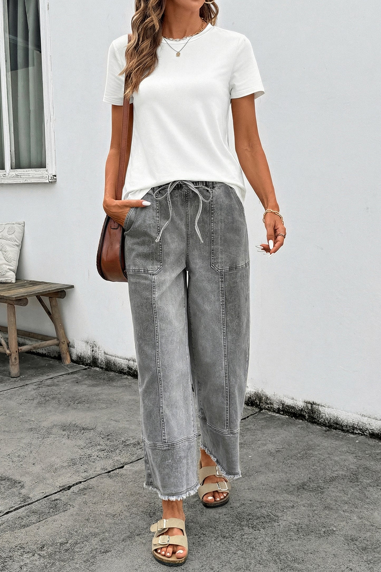 Gray Drawstring Seam Detail Raw Hem Wide Leg Denim Pants