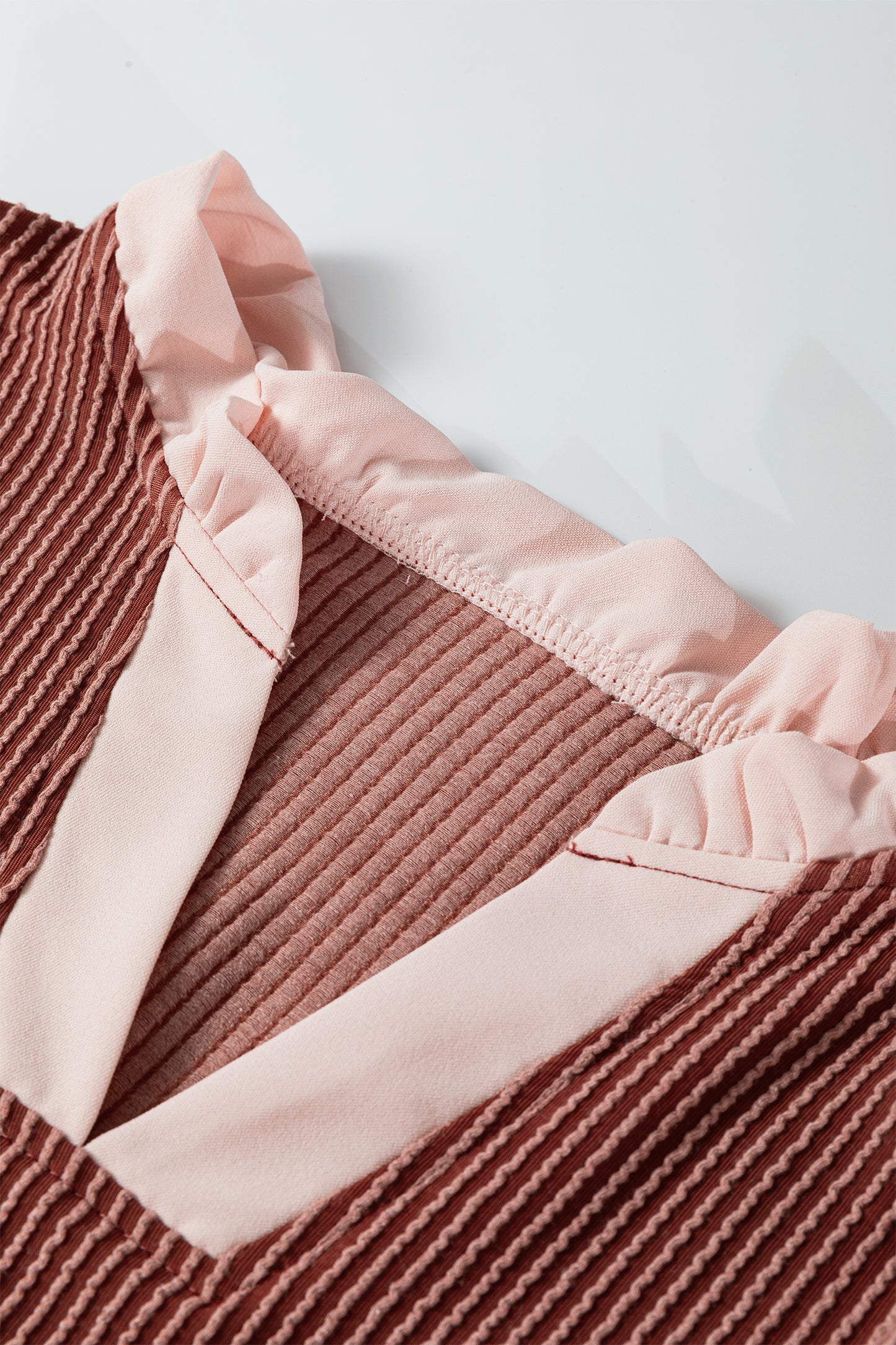 Black Plus Size Contrast Frilled Neckline Ruffled Short Sleeve Ribbed Textured Blouse