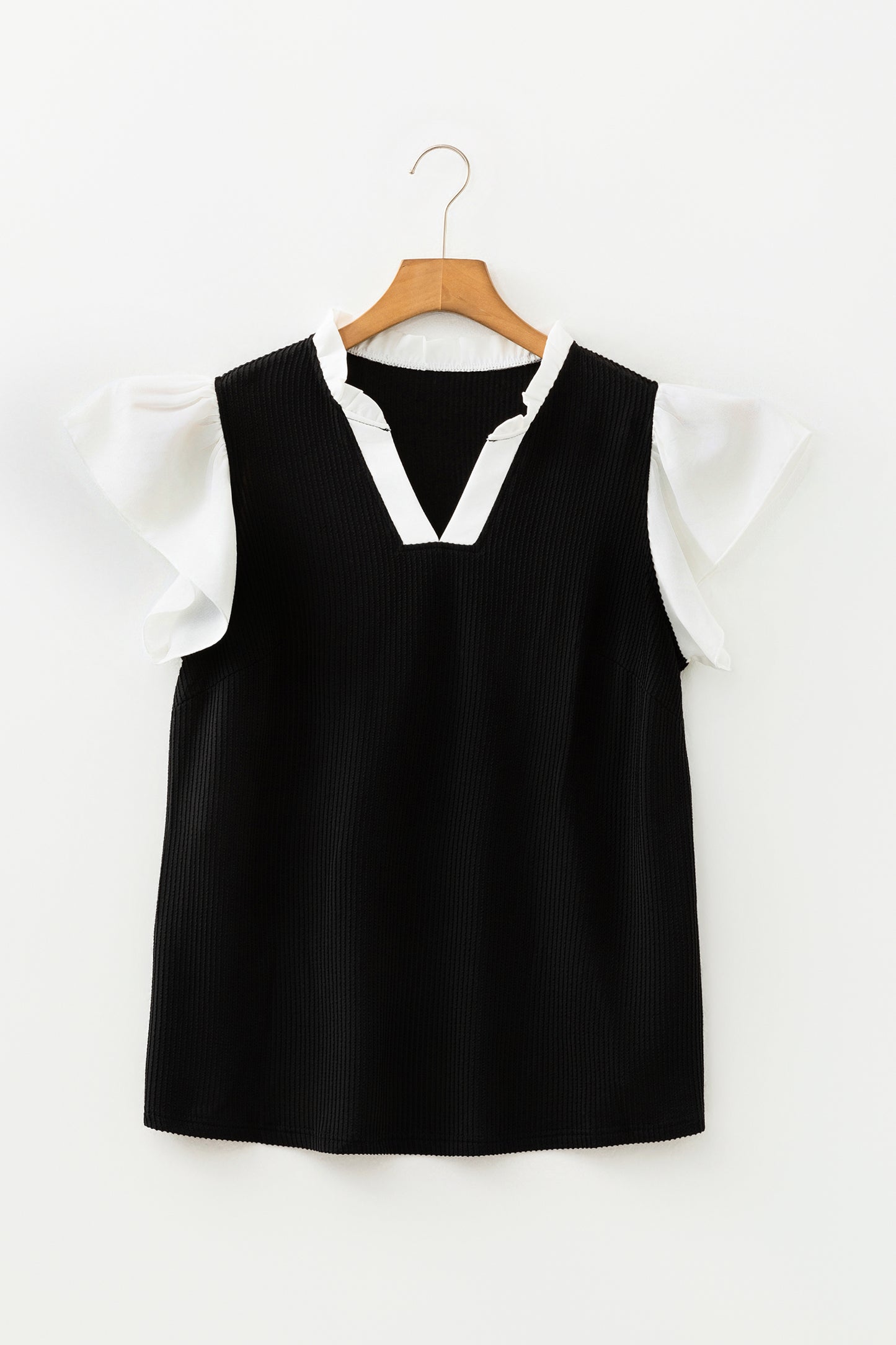 Black Plus Size Contrast Frilled Neckline Ruffled Short Sleeve Ribbed Textured Blouse