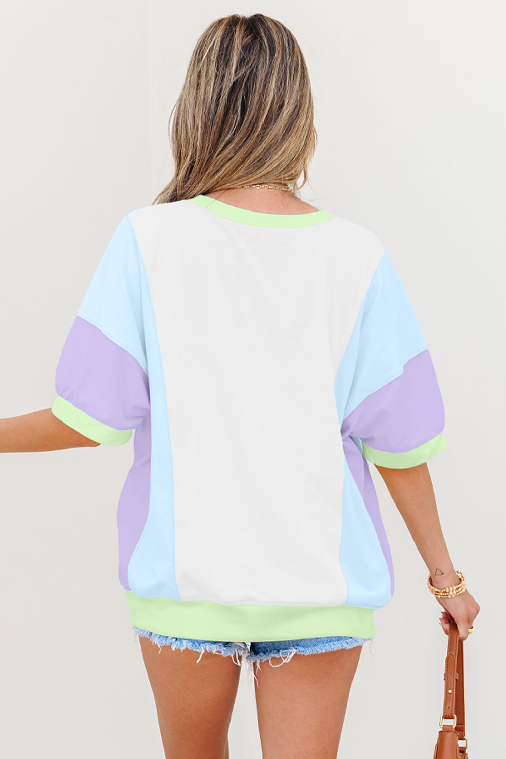 Purple Color Block Patchwork Half Sleeve Oversized T Shirt