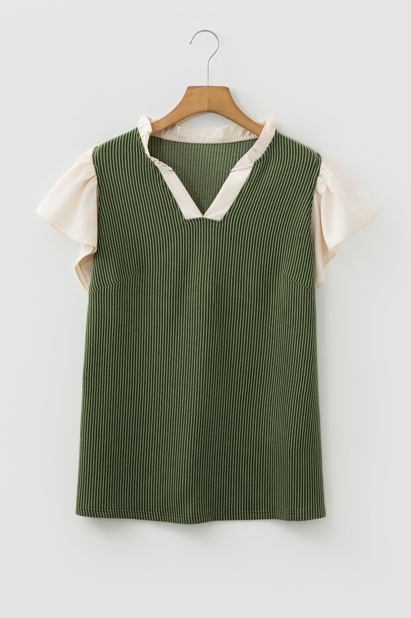 Black Plus Size Contrast Frilled Neckline Ruffled Short Sleeve Ribbed Textured Blouse