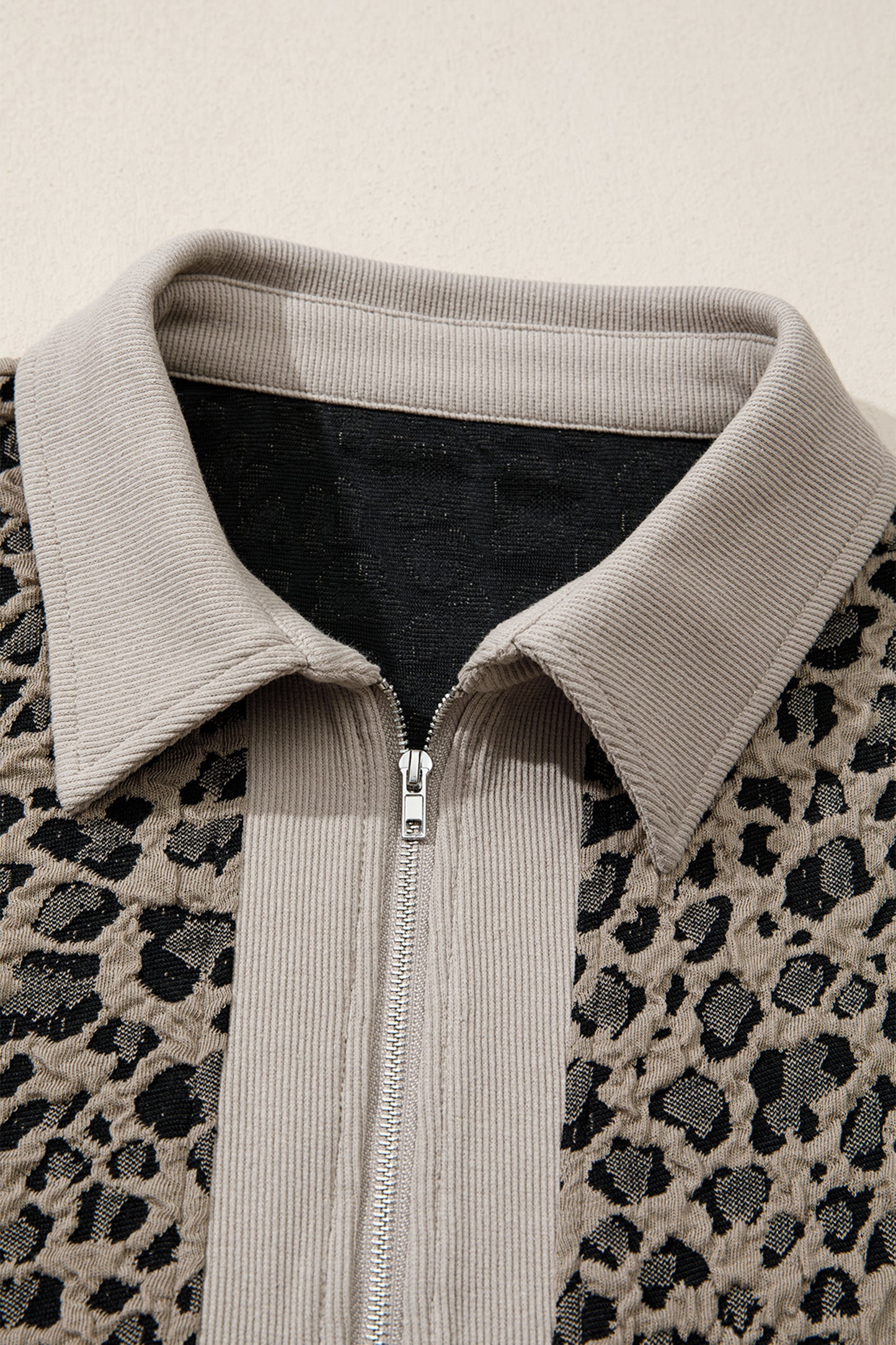 Beige Zip up Collared Leopard Cap Sleeve Top
