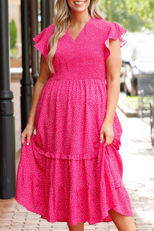 Rose Polka Dot Print Ruffled Smocked High Waist Plus Midi Dress