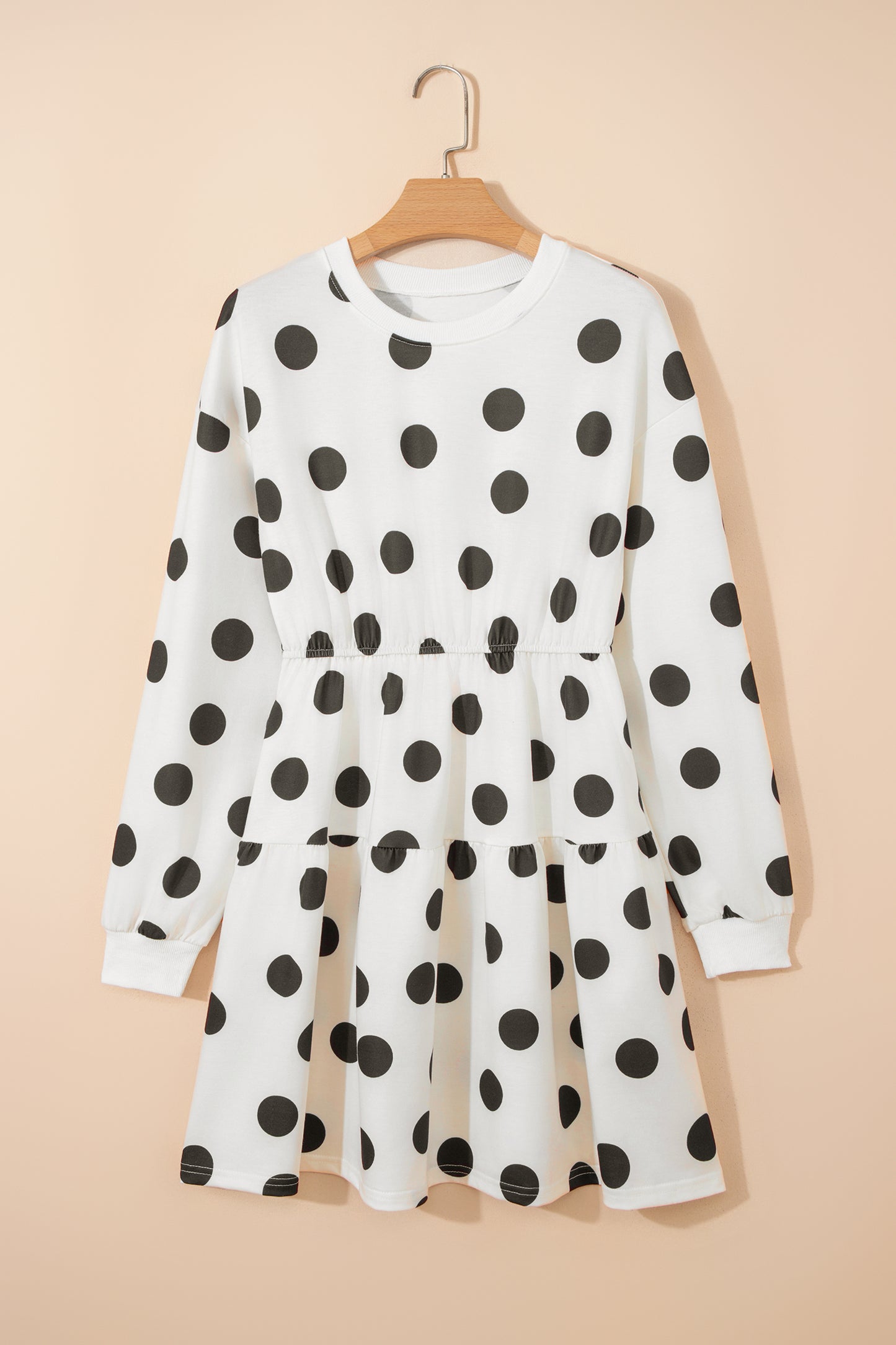 Pink Polka Dot Printed Long Sleeve Flared Mini Dress