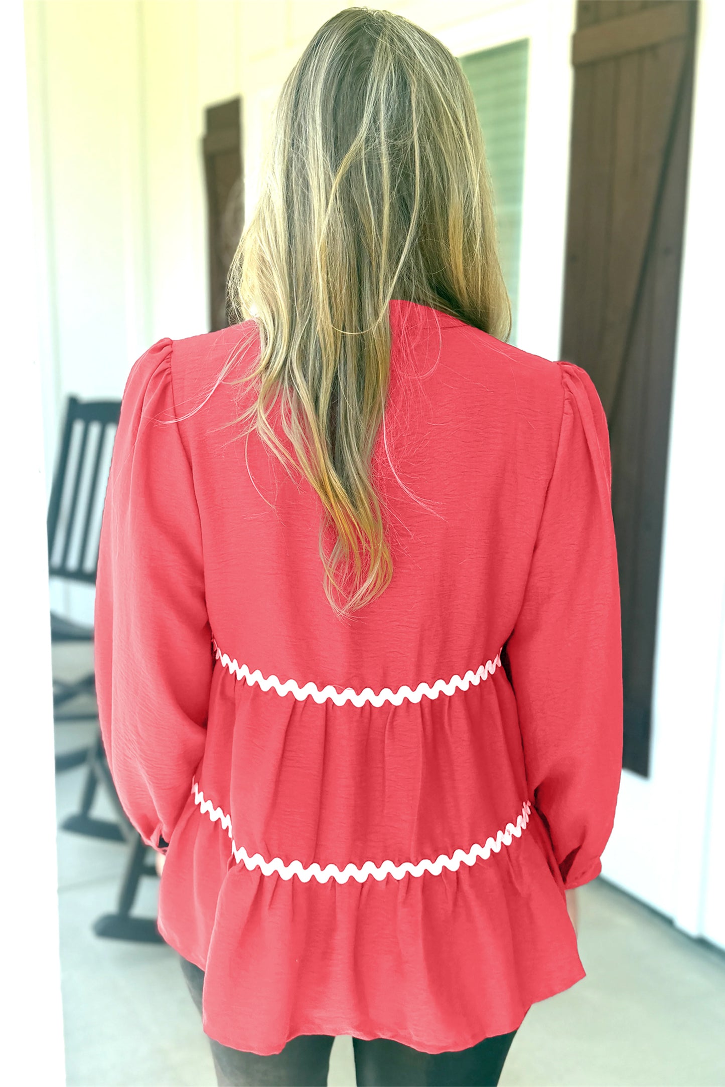 Coral Contrast Ricrac Trim V Neck Button Down Long Sleeve Shirt