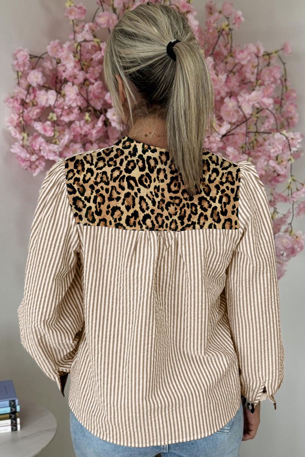 Pink Stripe Leopard Patchwork Long Sleeve Shirt