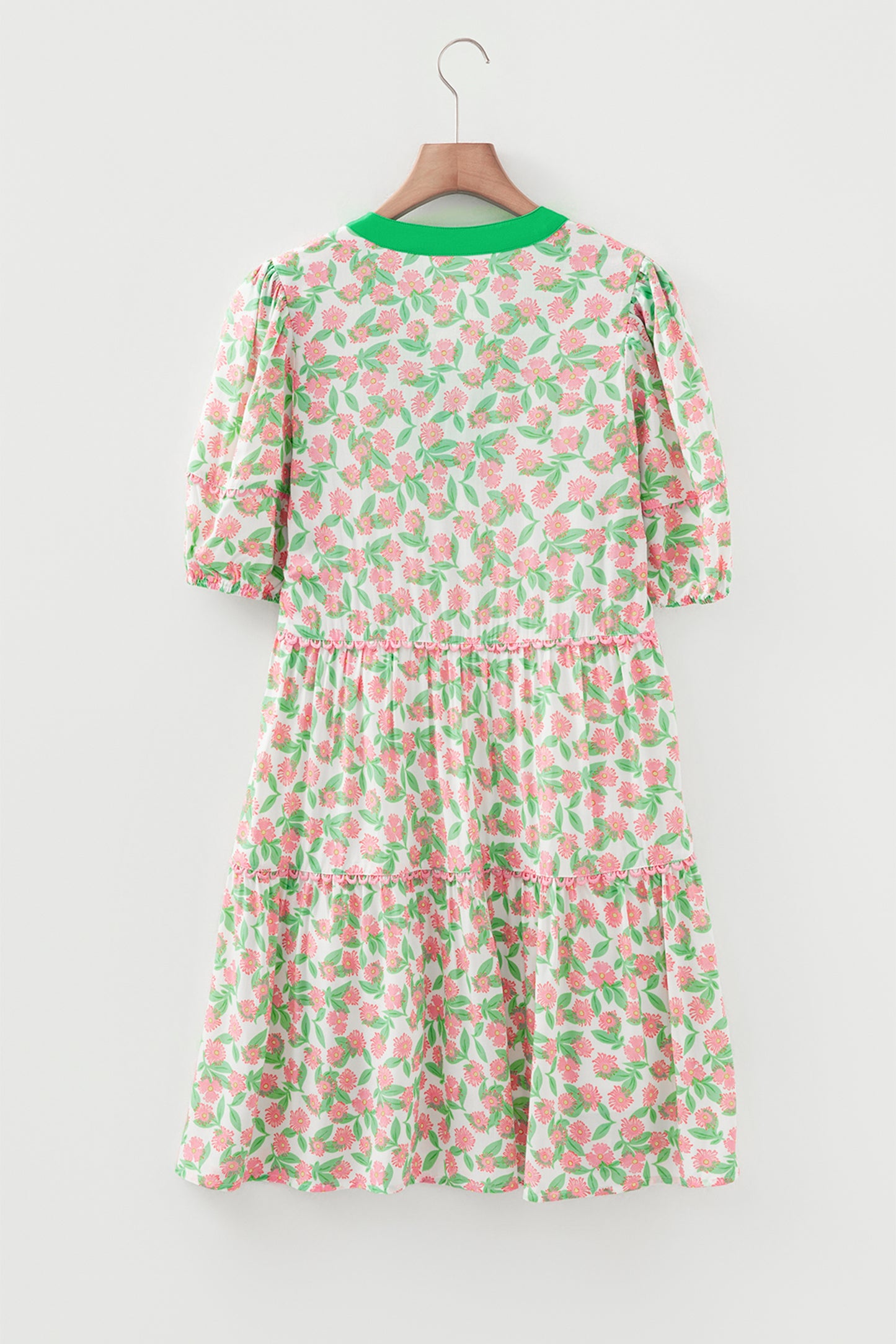 Green Contrast Neckline Ricrac Trim Floral Short Puff Sleeve Dress