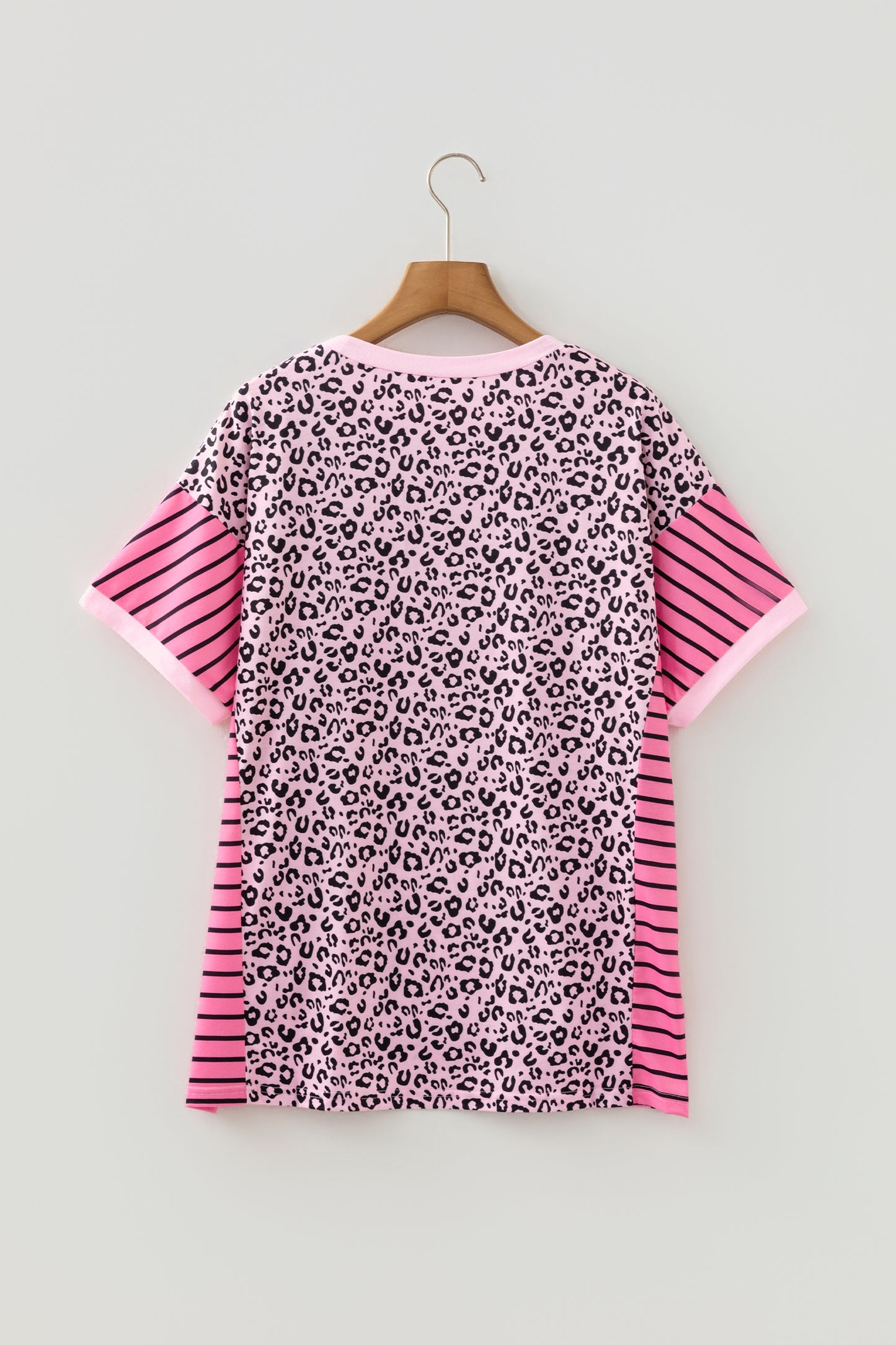 Pink Leopard Striped Patchwork Side Slit Loose Short Sleeve Top