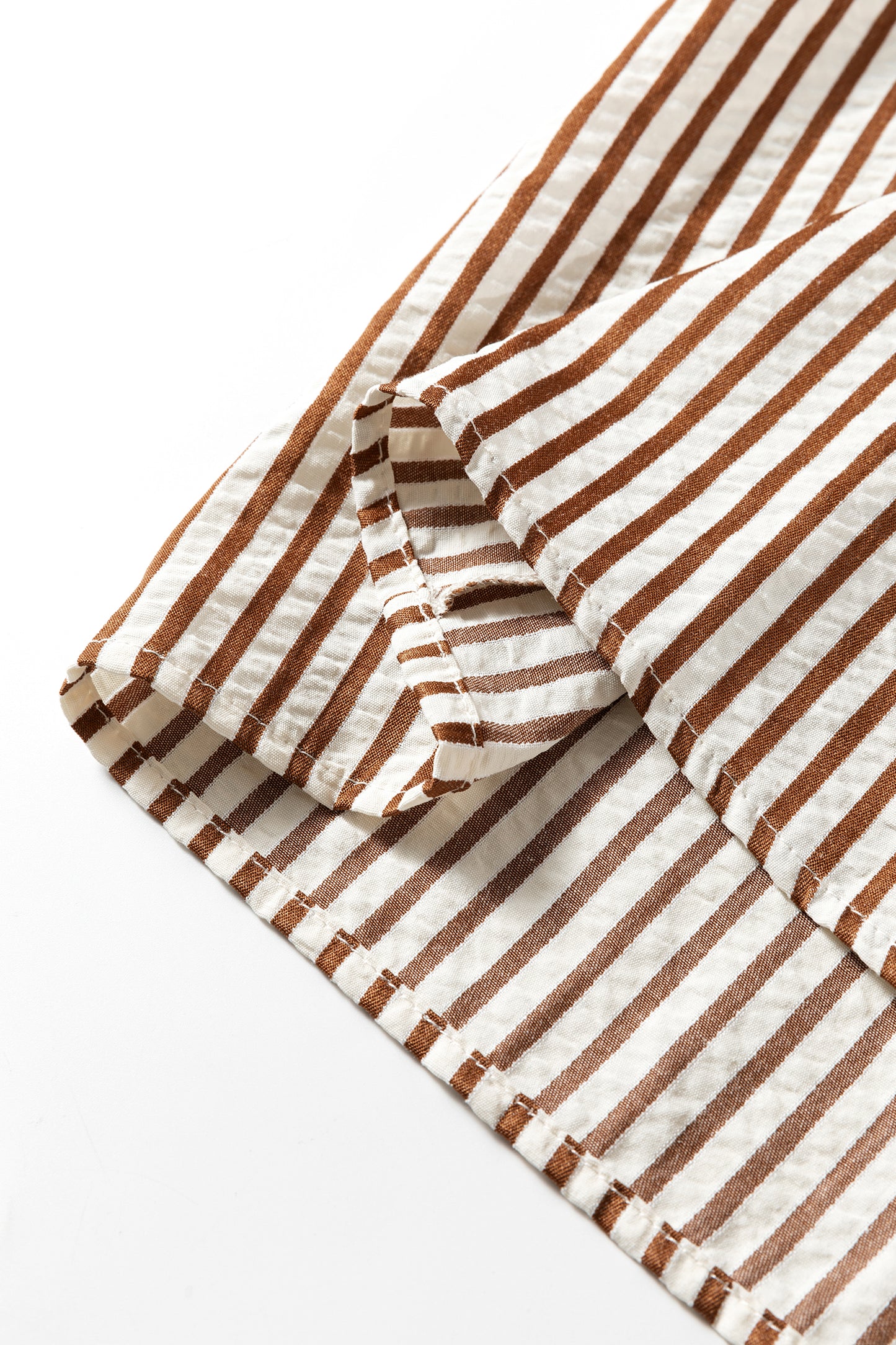 Khaki Stripe Double Ruffled Short Sleeve V Neck Blouse