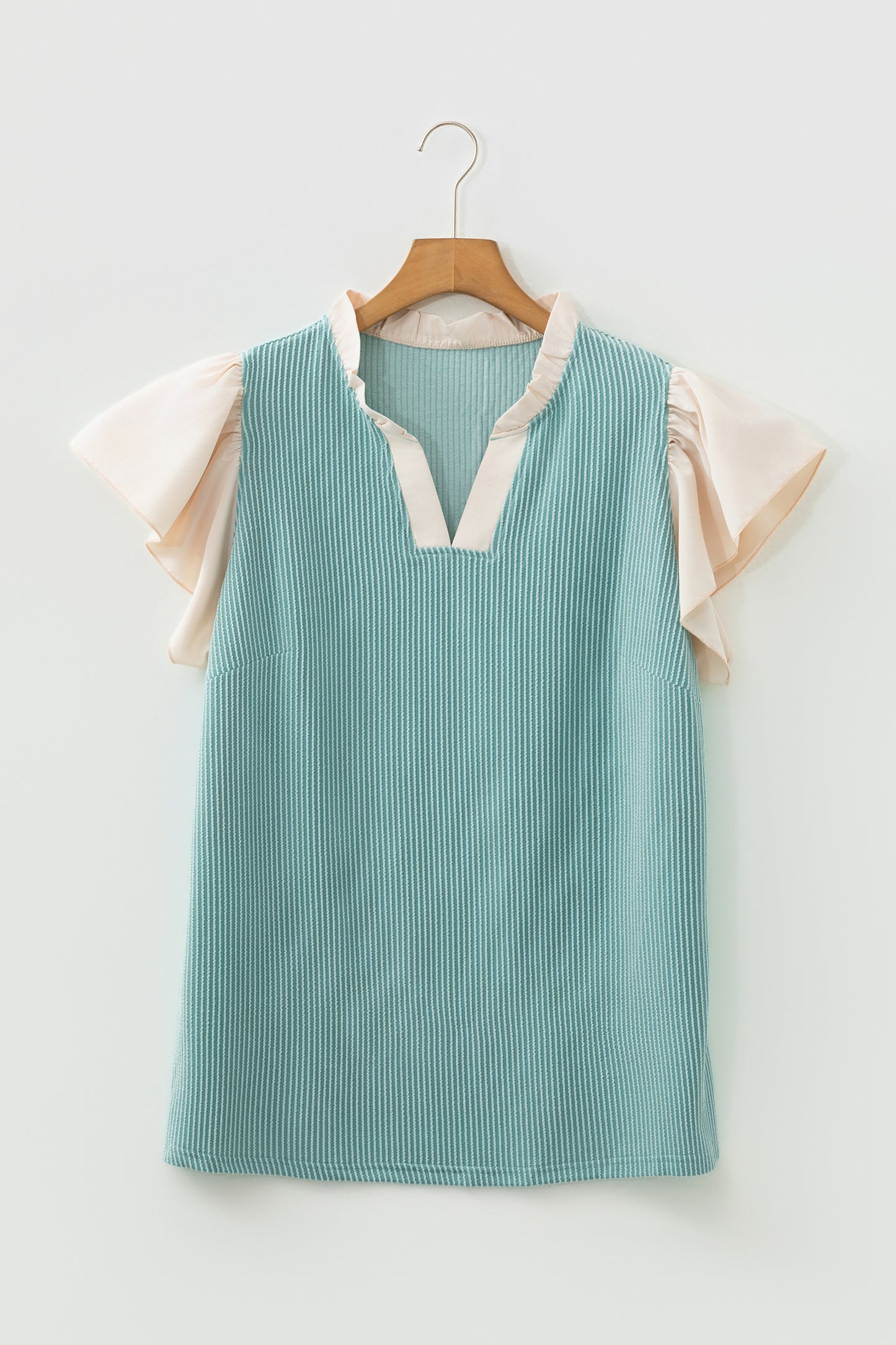 Black Plus Size Contrast Frilled Neckline Ruffled Short Sleeve Ribbed Textured Blouse