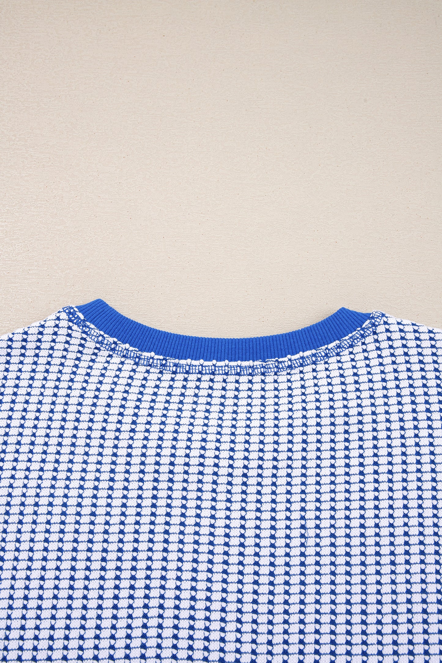 Dark Blue Waffle Knit Exposed Stitching Casual Top with Side Slits